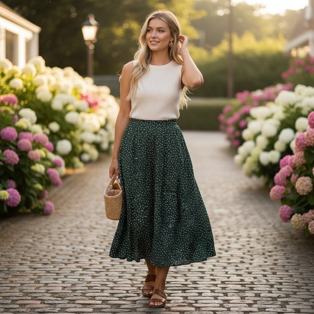 Forest Green Polka Dot Pleated Midi Skirt Paperbag Waist Green White